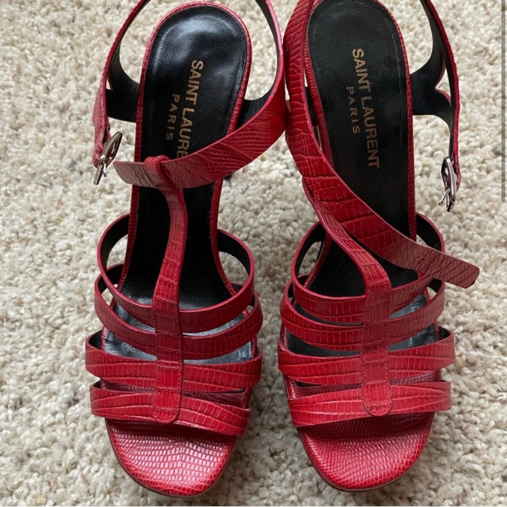 Saint Laurent Red Strappy Textured Leather Platform Heels - Picture 6 of 7
